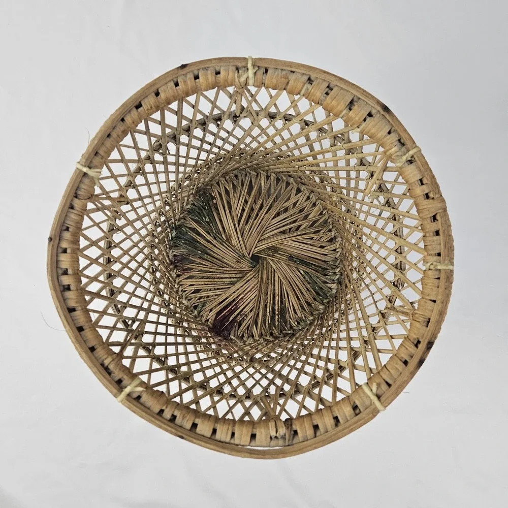 Vintage Boho Wicker Rattan Drum Planter Trash Can Mini Table Mid-Century Modern